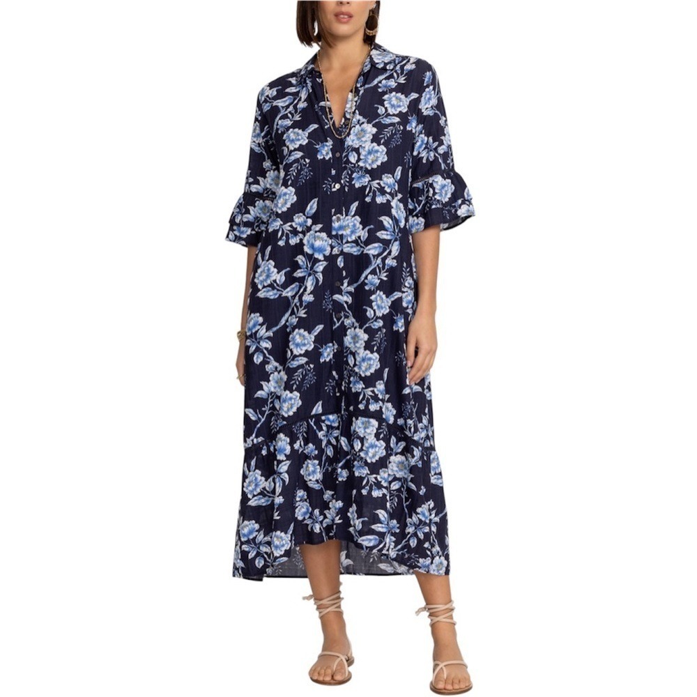 Johnny Was Blue & White‎ Floral Ruffle Sleeve Garden Party Midi Dress XS
